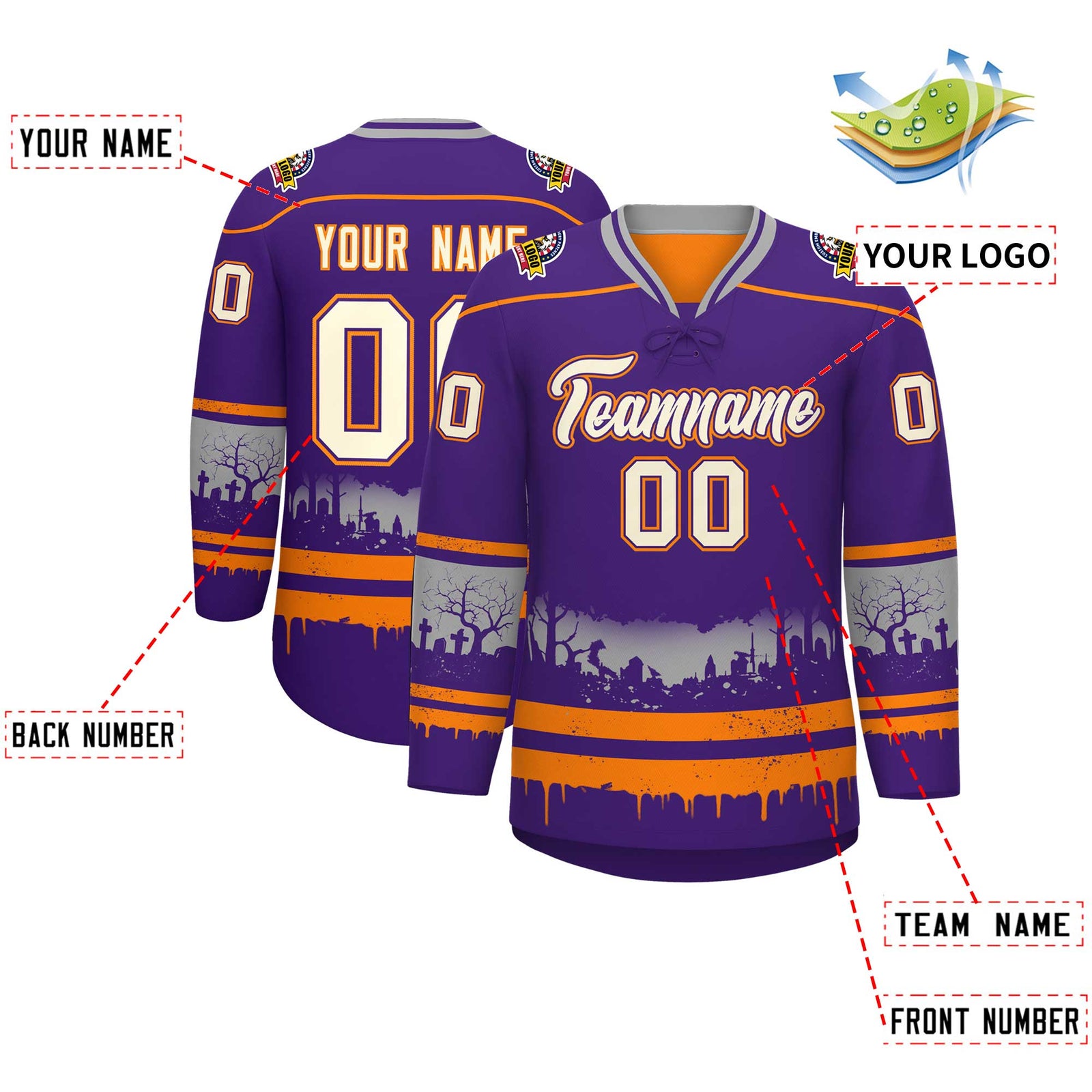 Custom Purple Orange Gray Gradient Fashion Halloween Stretch Fabric Hockey Jersey| KXKSHOP