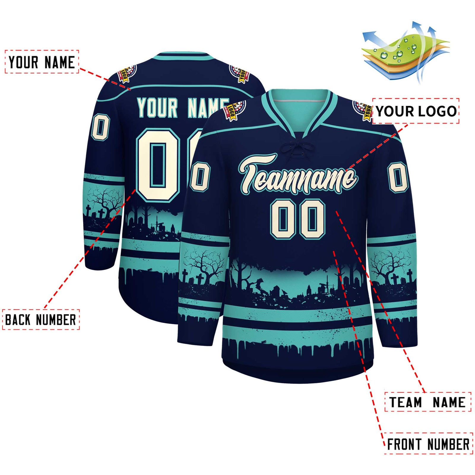Custom Navy Teal Cream Gradient Fashion Halloween Stretch Fabric Hockey Jersey| KXKSHOP