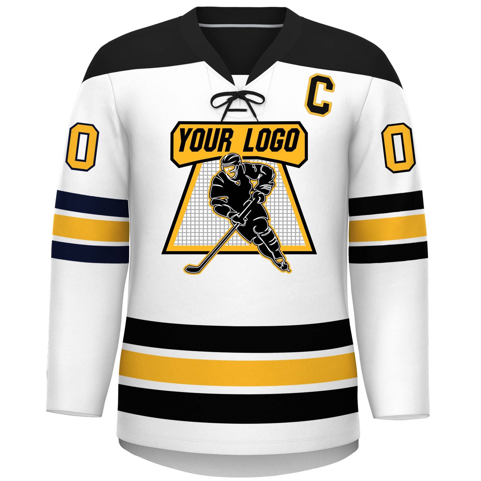 Custom White Black Gold Personalized Classic Lace-Up Neck Hockey Jersey