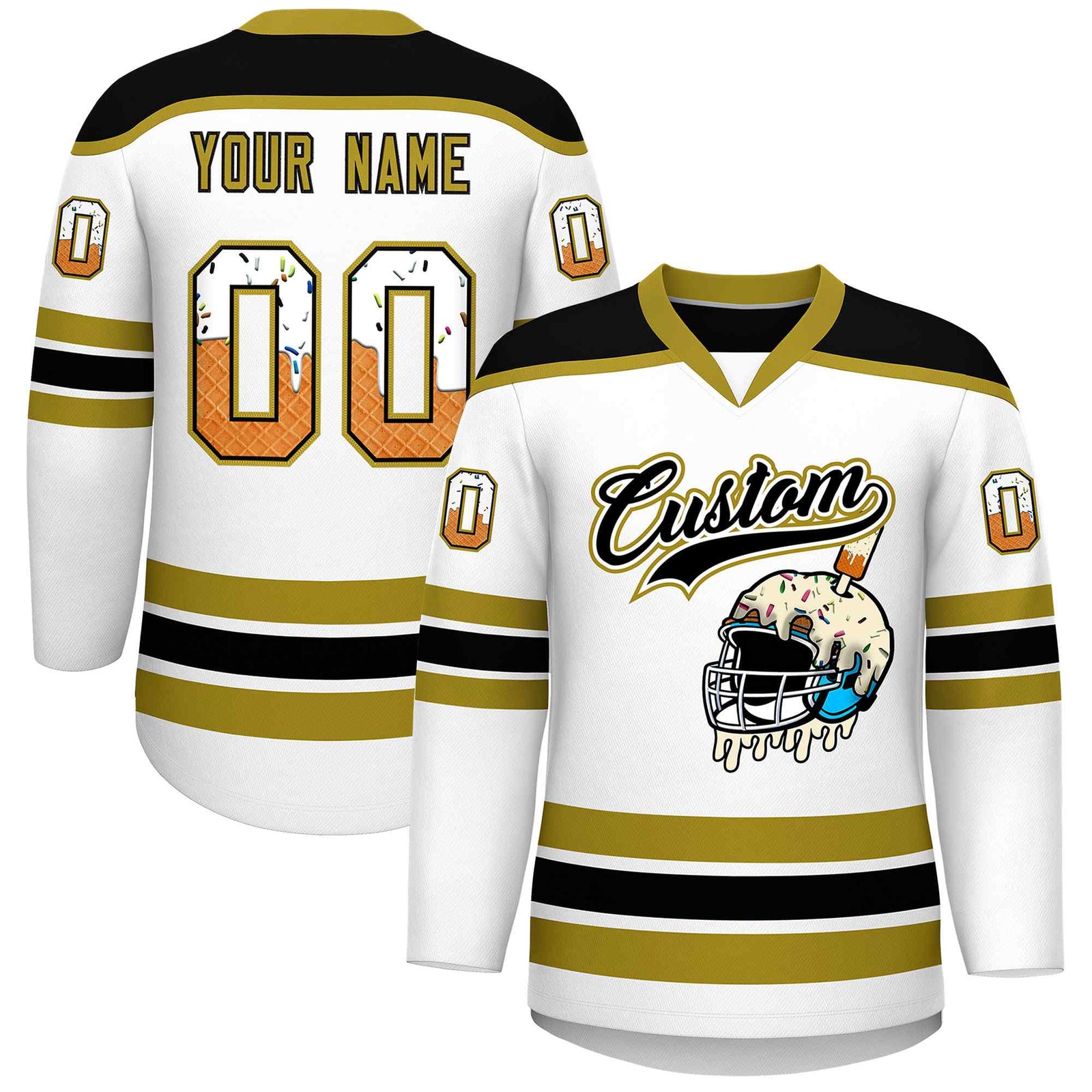 Custom White Old Gold Ice Cream Helmet Pattern Personalized V-Neck Hockey Jersey