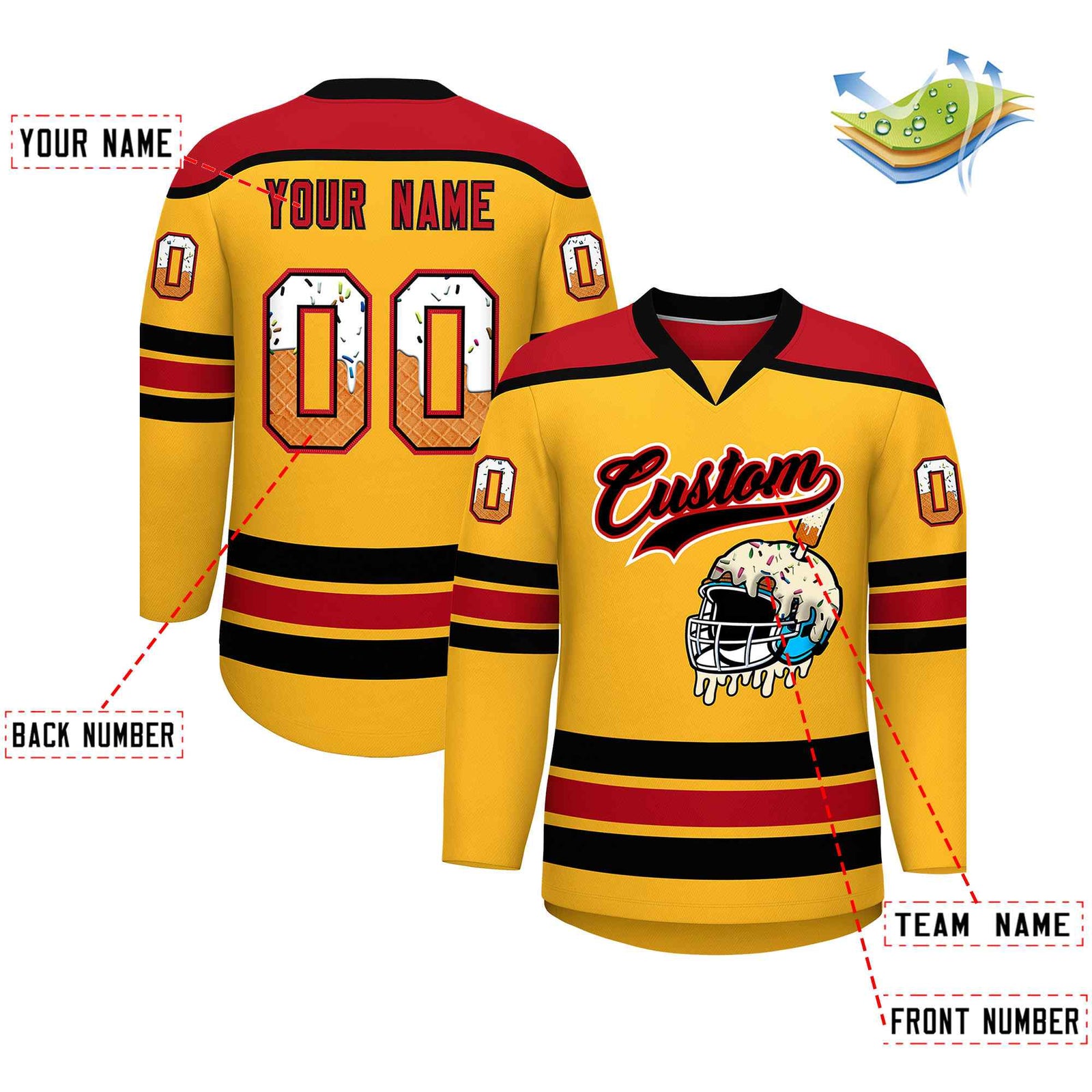 Custom Yellow Red Ice Cream Helmet Pattern Personalized V-Neck Hockey Jersey