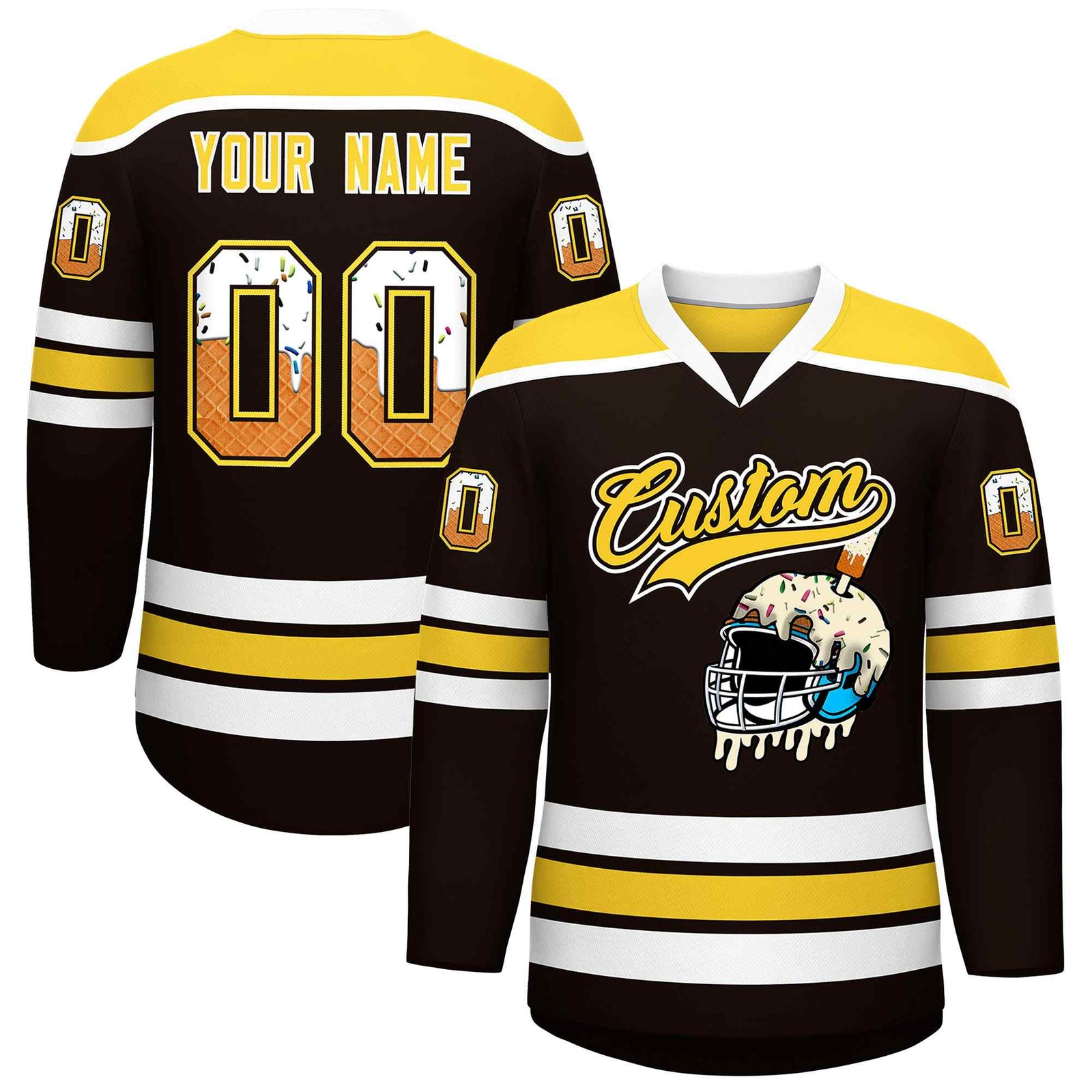 Custom Brown Gold Ice Cream Helmet Pattern Personalized V-Neck Hockey Jersey