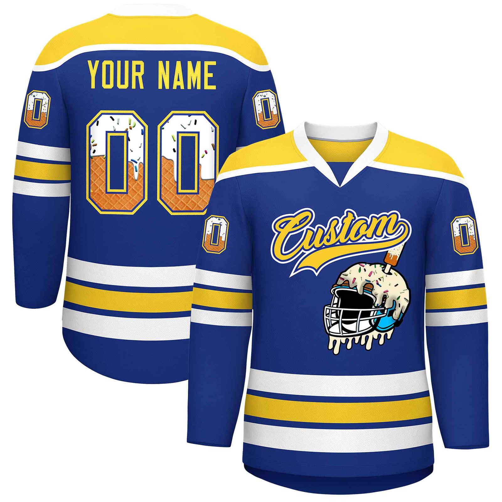 Custom Royal Blue Gold Ice Cream Helmet Pattern Personalized V-Neck Hockey Jersey