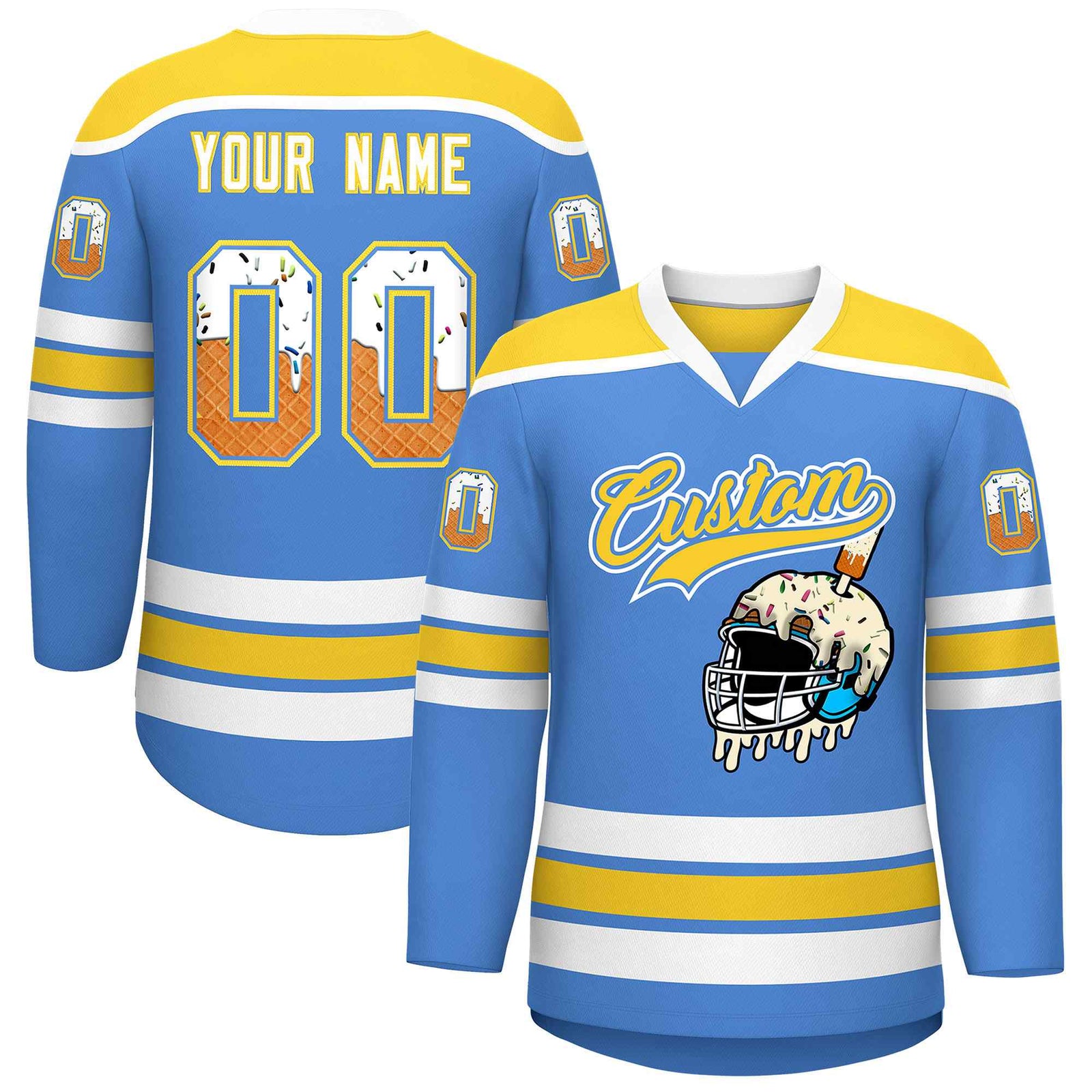 Custom Powder Blue Gold Ice Cream Helmet Pattern Personalized V-Neck Hockey Jersey