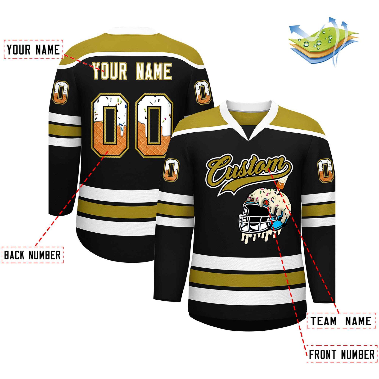 Custom Black Old Gold Ice Cream Helmet Pattern Personalized V-Neck Hockey Jersey