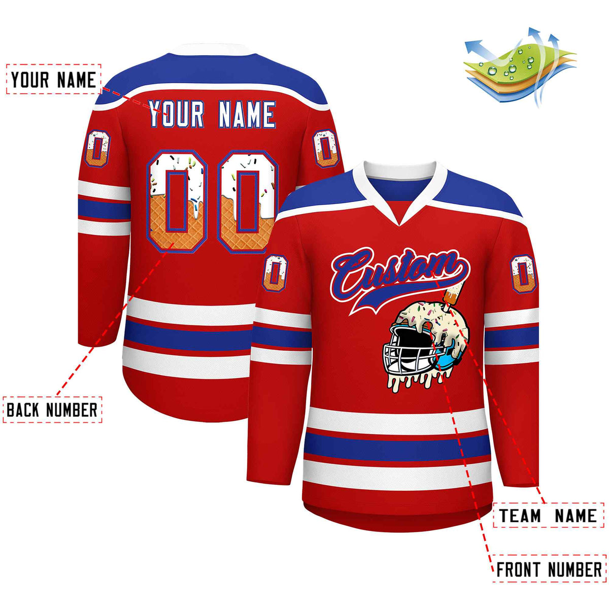 Custom Red Royal Blue Ice Cream Helmet Pattern Personalized V-Neck Hockey Jersey