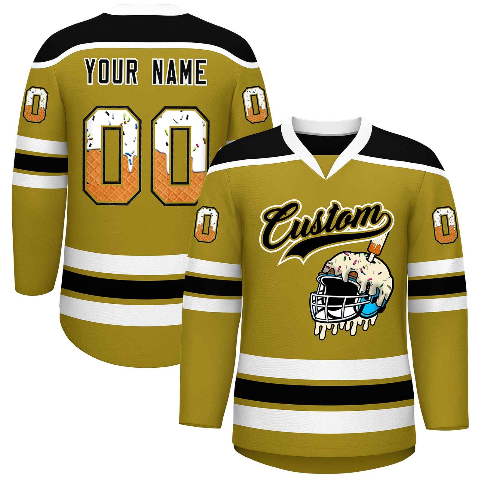Custom Old Gold Black Ice Cream Helmet Pattern Personalized V-Neck Hockey Jersey