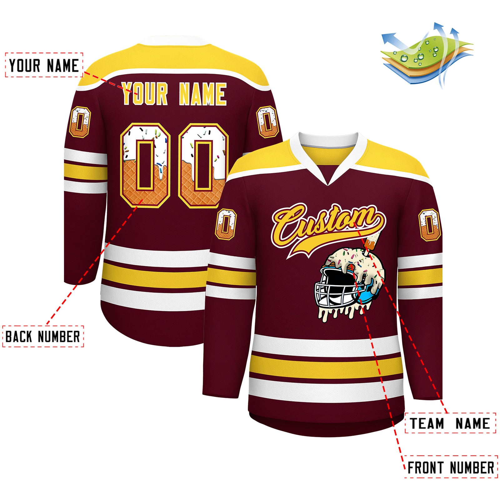 Custom Crimson Gold Ice Cream Helmet Pattern Personalized V-Neck Hockey Jersey