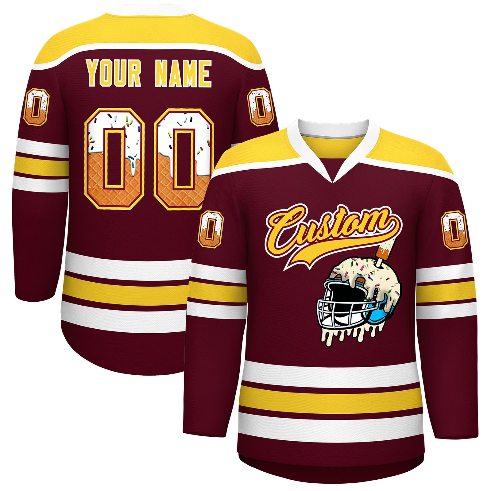 Custom Crimson Gold Ice Cream Helmet Pattern Personalized V-Neck Hockey Jersey