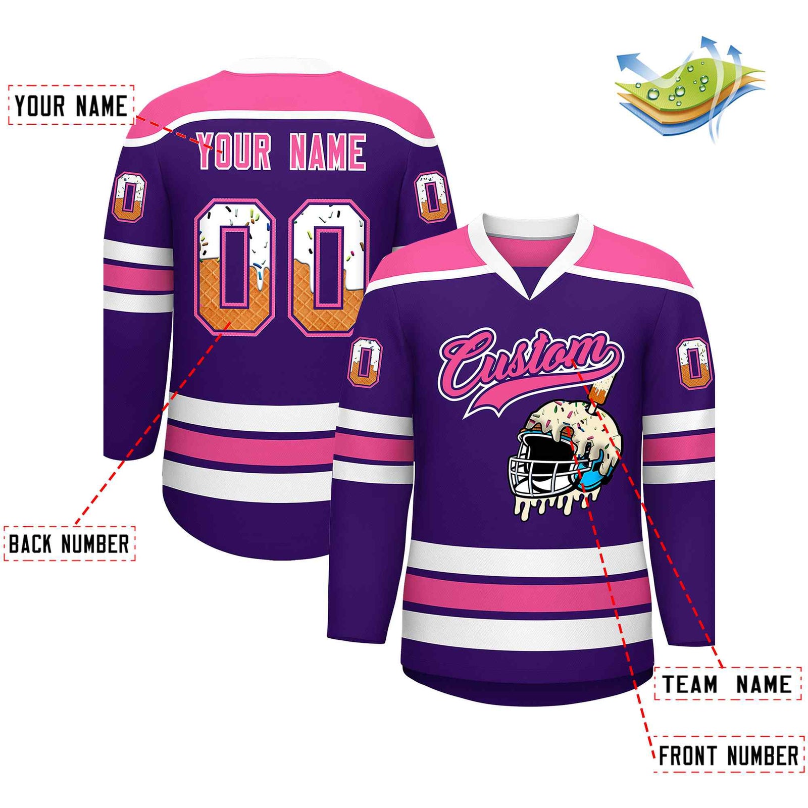 Custom Purple Pink Ice Cream Helmet Pattern Personalized V-Neck Hockey Jersey