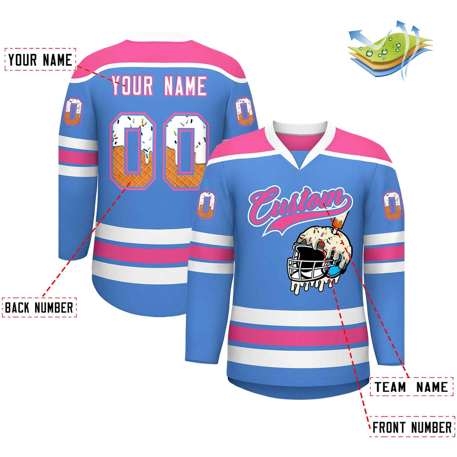 Custom Powder Blue Pink Ice Cream Helmet Pattern Personalized V-Neck Hockey Jersey