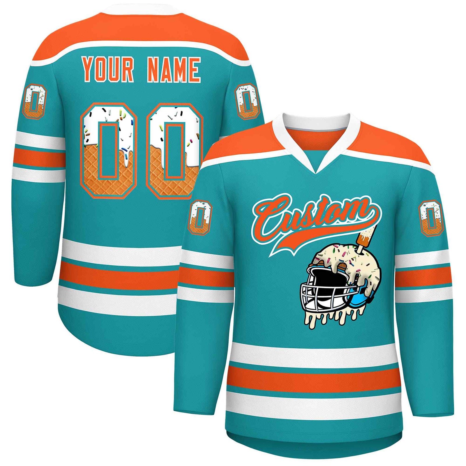 Custom Aqua Orange Ice Cream Helmet Pattern Personalized V-Neck Hockey Jersey