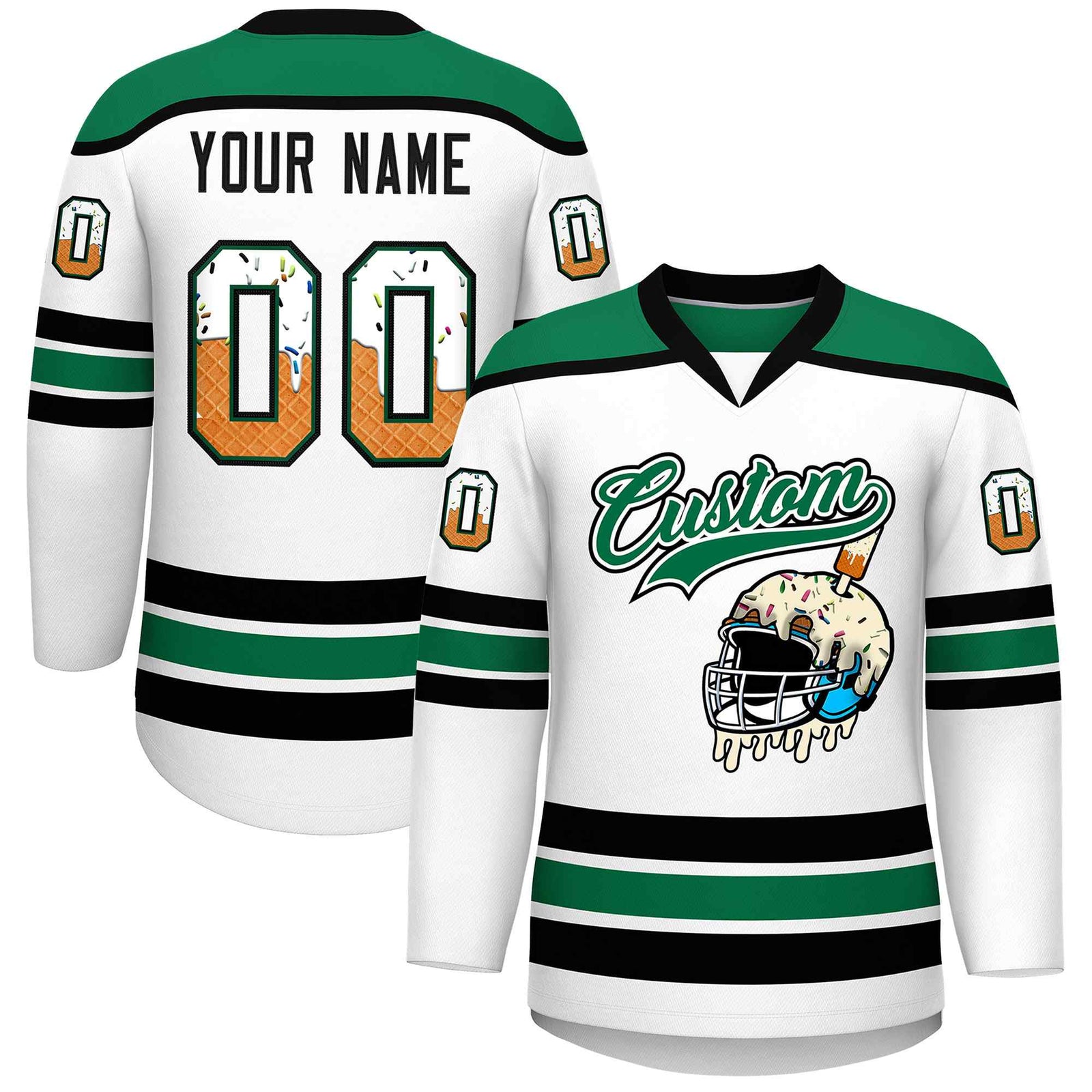 Custom White Kelly Green Ice Cream Helmet Pattern Personalized V-Neck Hockey Jersey