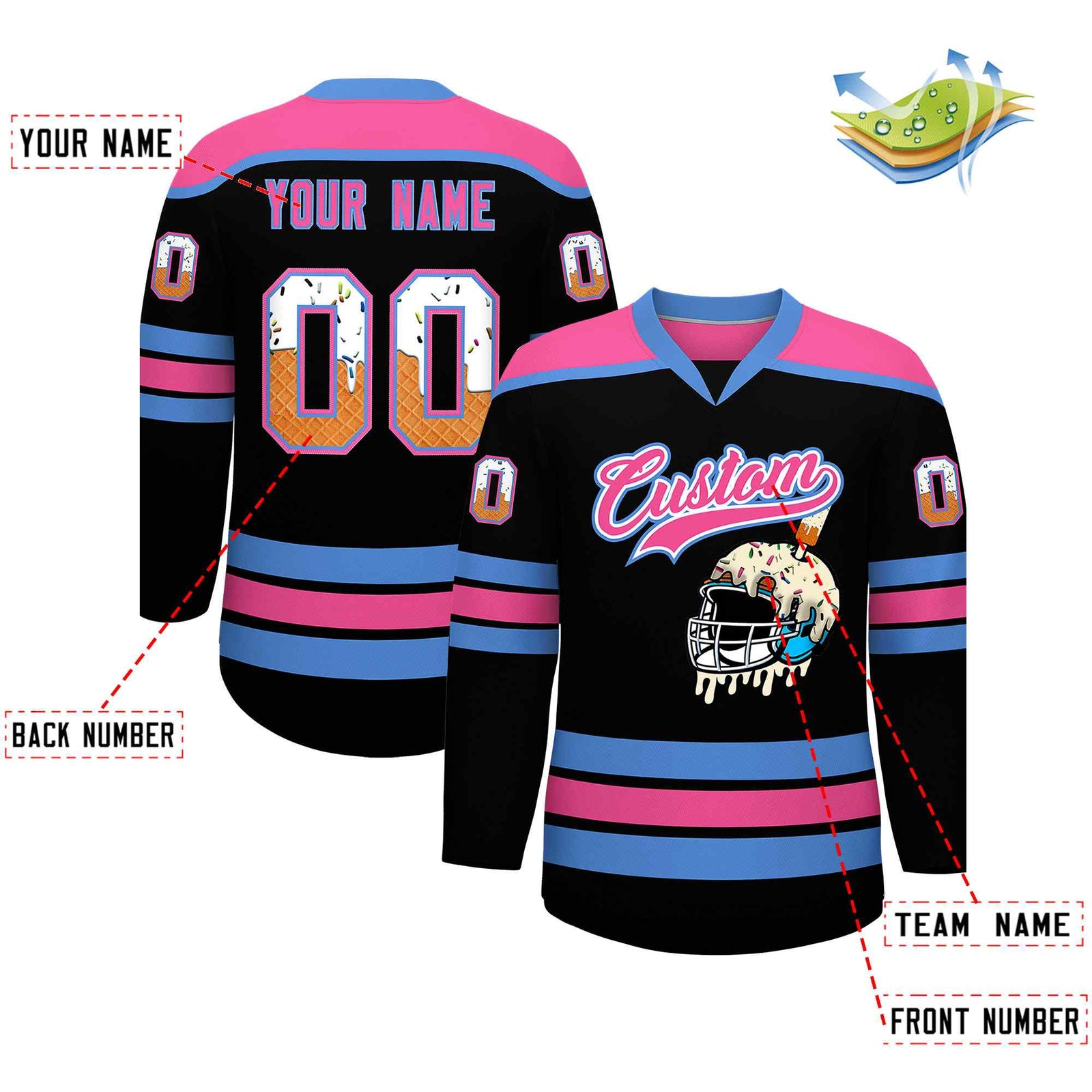 Custom Black Powder Blue Ice Cream Helmet Pattern Personalized V-Neck Hockey Jersey
