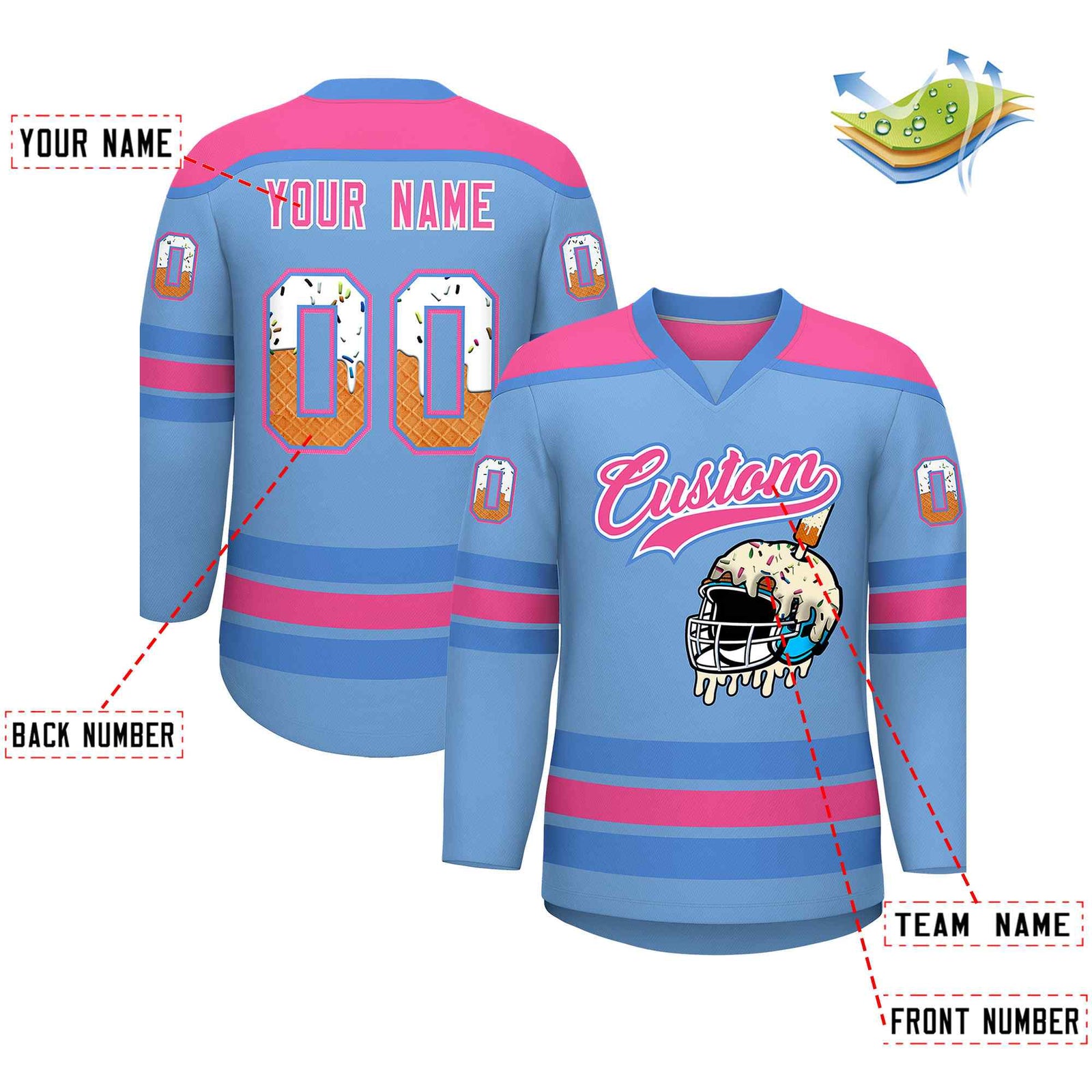 Custom Light Blue Pink Ice Cream Helmet Pattern Personalized V-Neck Hockey Jersey