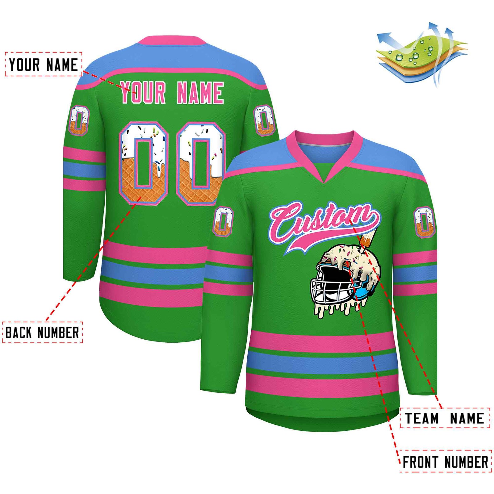 Custom Light Green Powder Blue Ice Cream Helmet Pattern Personalized V-Neck Hockey Jersey