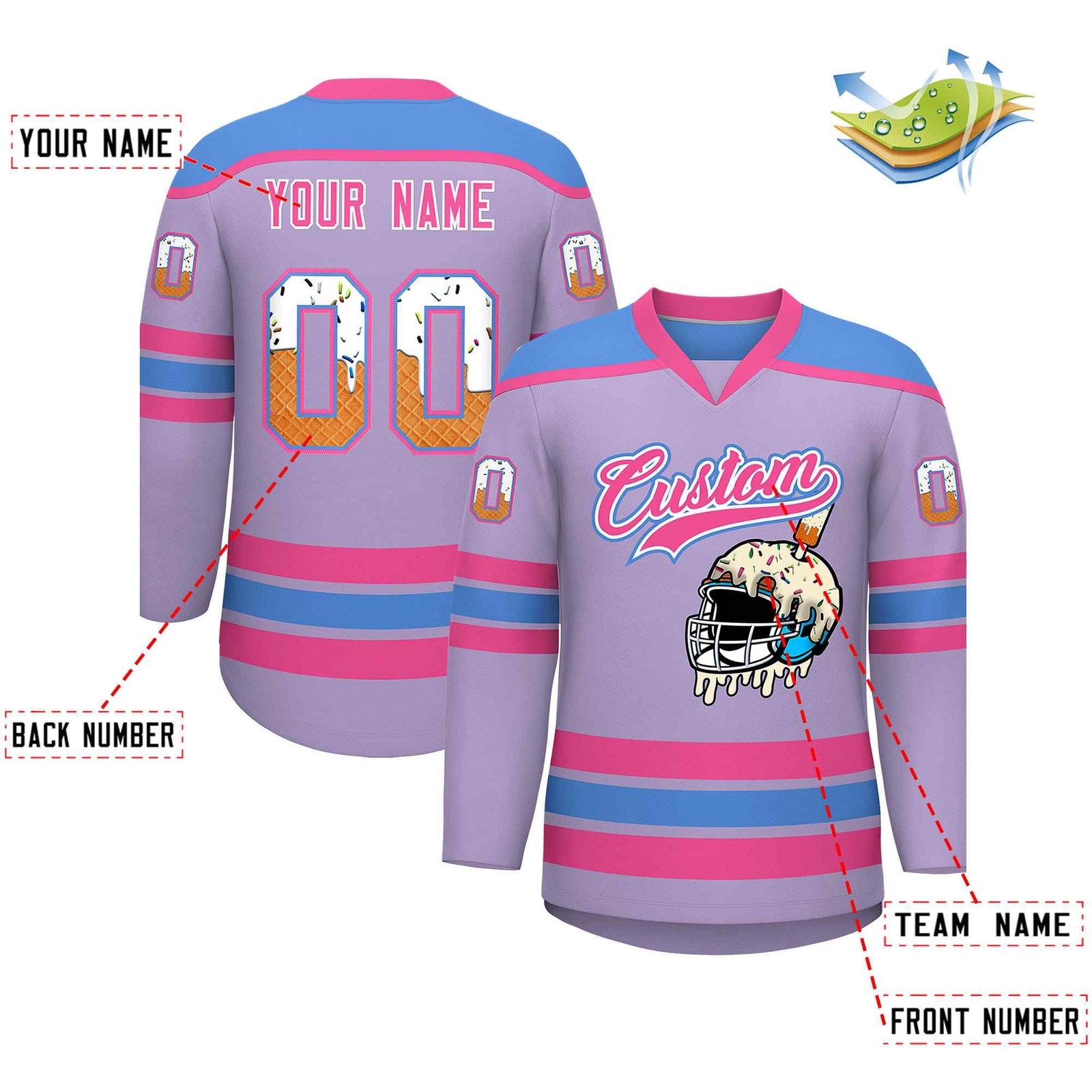 Custom Light Purple Powder Blue Ice Cream Helmet Pattern Personalized V-Neck Hockey Jersey