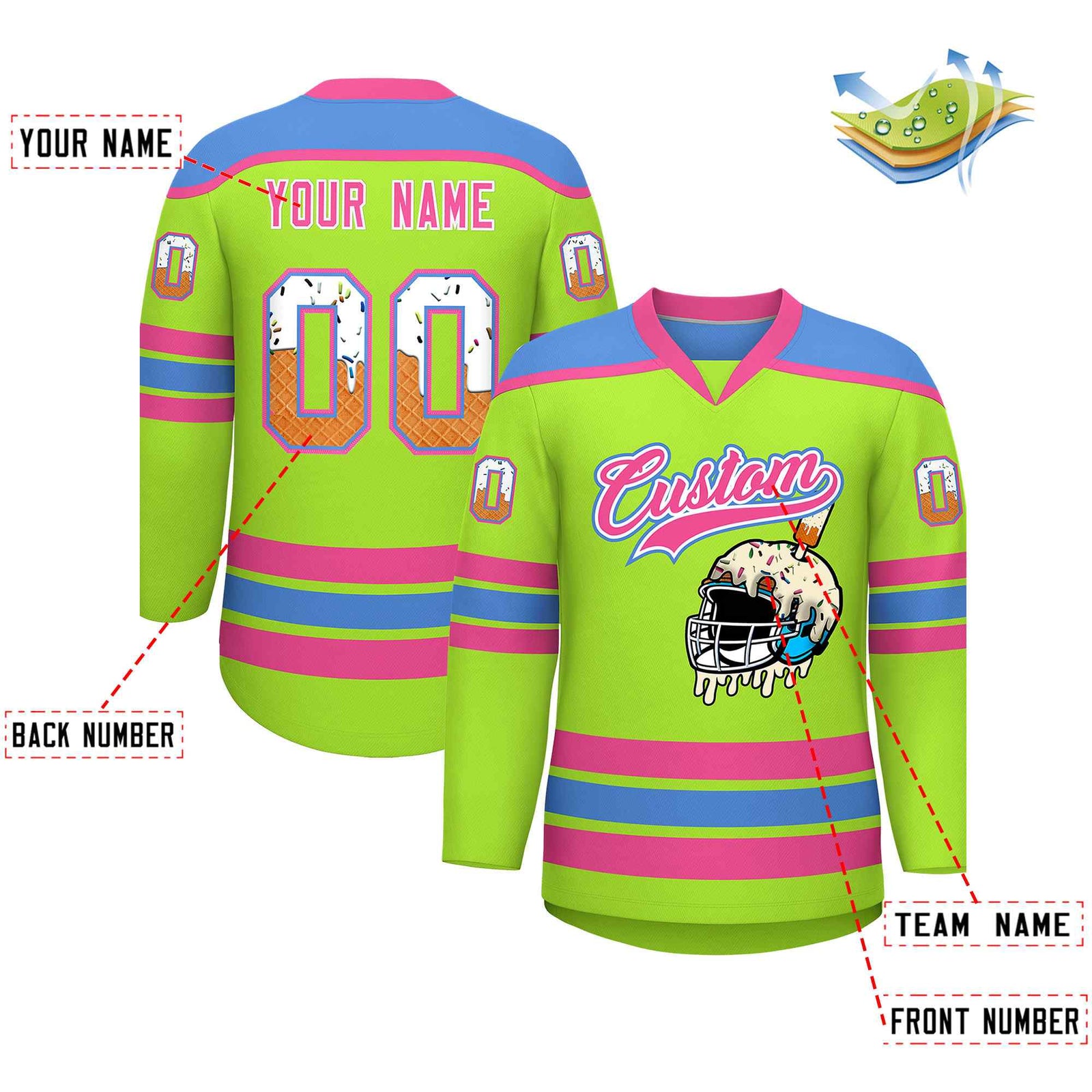 Custom Neon Green Powder Blue Ice Cream Helmet Pattern Personalized V-Neck Hockey Jersey