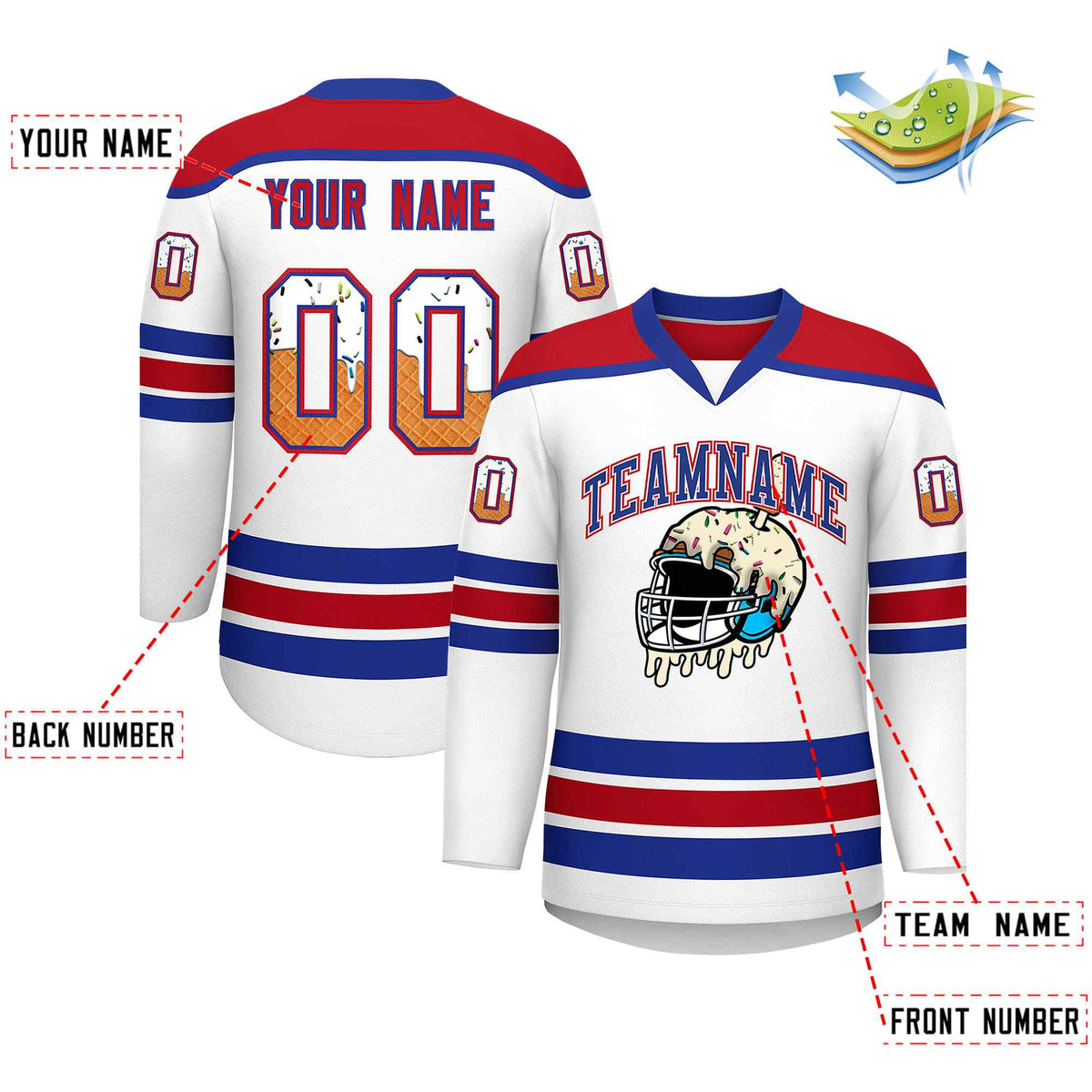 Custom White Royal Blue Ice Cream Helmet Pattern Personalized V-Neck Hockey Jersey