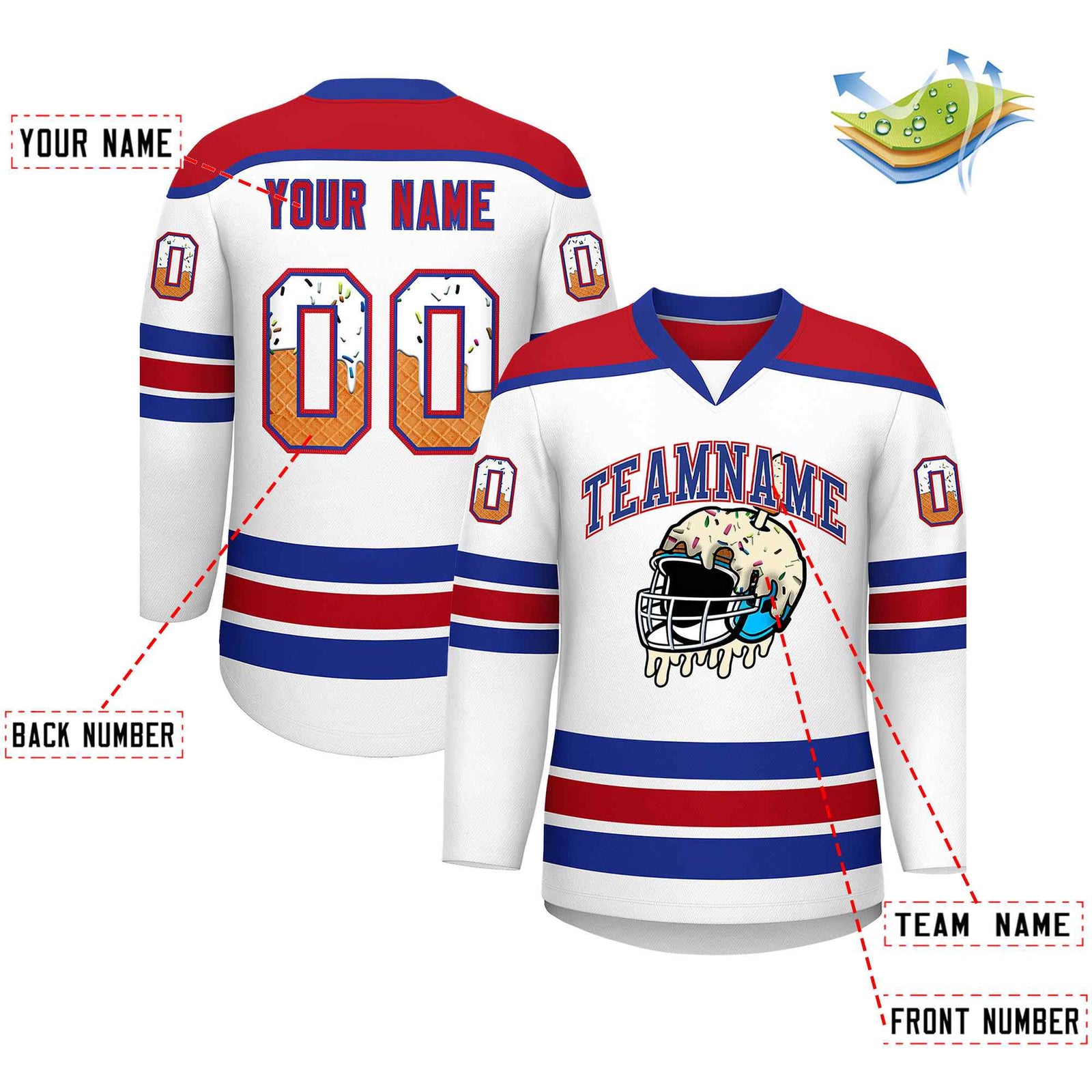 Custom White Royal Blue Ice Cream Helmet Pattern Personalized V-Neck Hockey Jersey