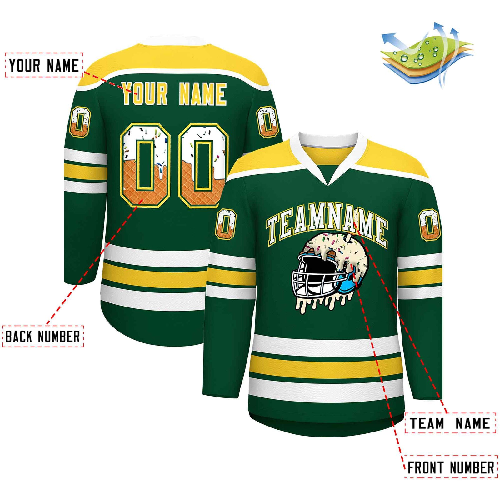 Custom Green Gold Ice Cream Helmet Pattern Personalized V-Neck Hockey Jersey