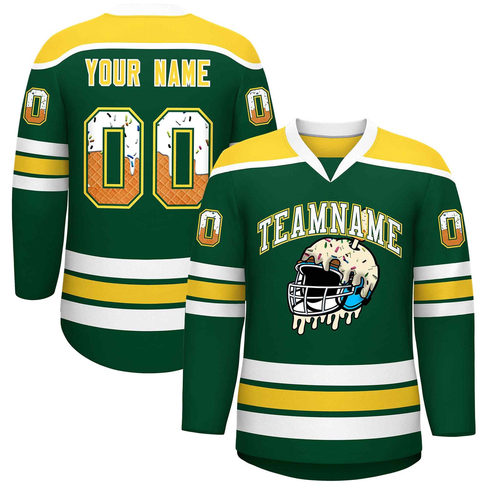 Custom Green Gold Ice Cream Helmet Pattern Personalized V-Neck Hockey Jersey