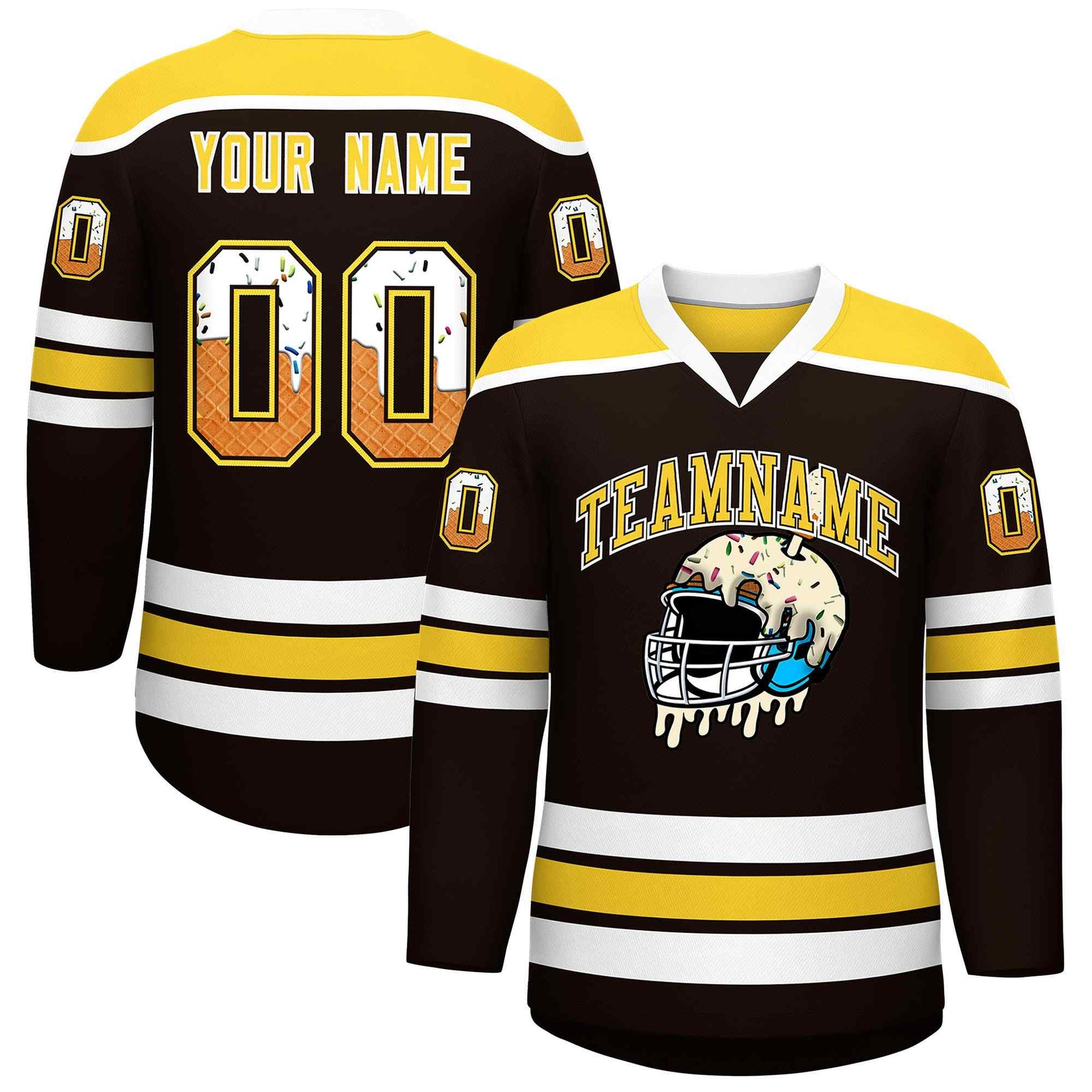 Custom Brown Gold Ice Cream Helmet Pattern Personalized V-Neck Hockey Jersey