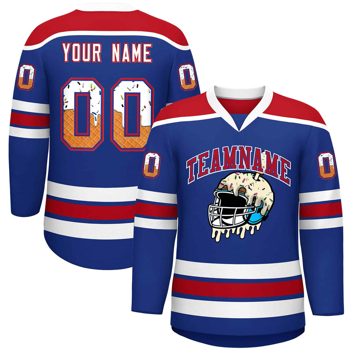 Custom Royal Blue Red Ice Cream Helmet Pattern Personalized V-Neck Hockey Jersey