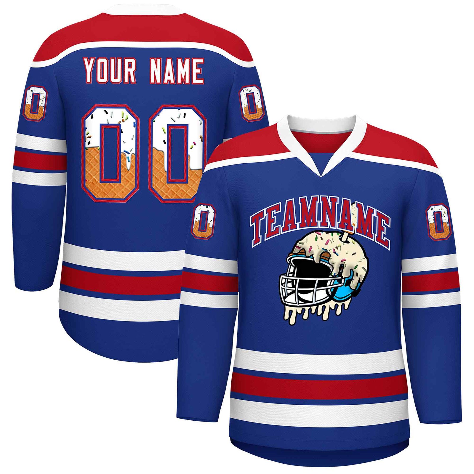 Custom Royal Blue Red Ice Cream Helmet Pattern Personalized V-Neck Hockey Jersey