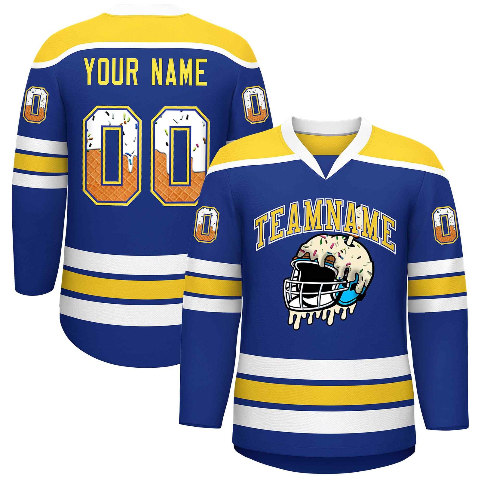 Custom Royal Blue Gold Ice Cream Helmet Pattern Personalized V-Neck Hockey Jersey