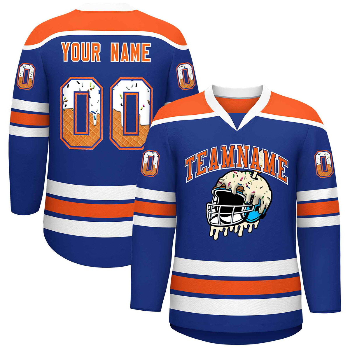 Custom Royal Blue Orange Ice Cream Helmet Pattern Personalized V-Neck Hockey Jersey