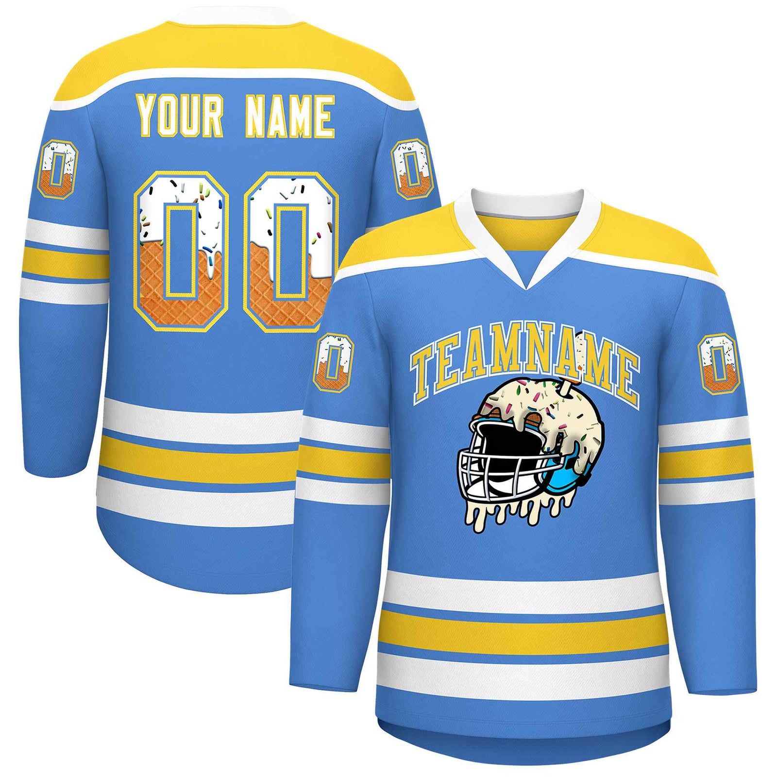 Custom Powder Blue Gold Ice Cream Helmet Pattern Personalized V-Neck Hockey Jersey