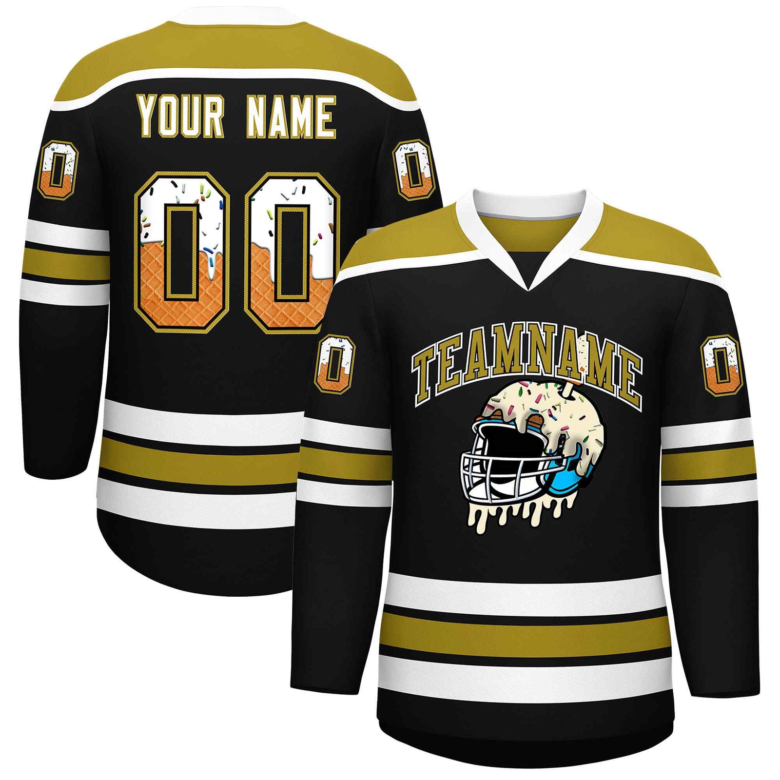 Custom Black Old Gold Ice Cream Helmet Pattern Personalized V-Neck Hockey Jersey
