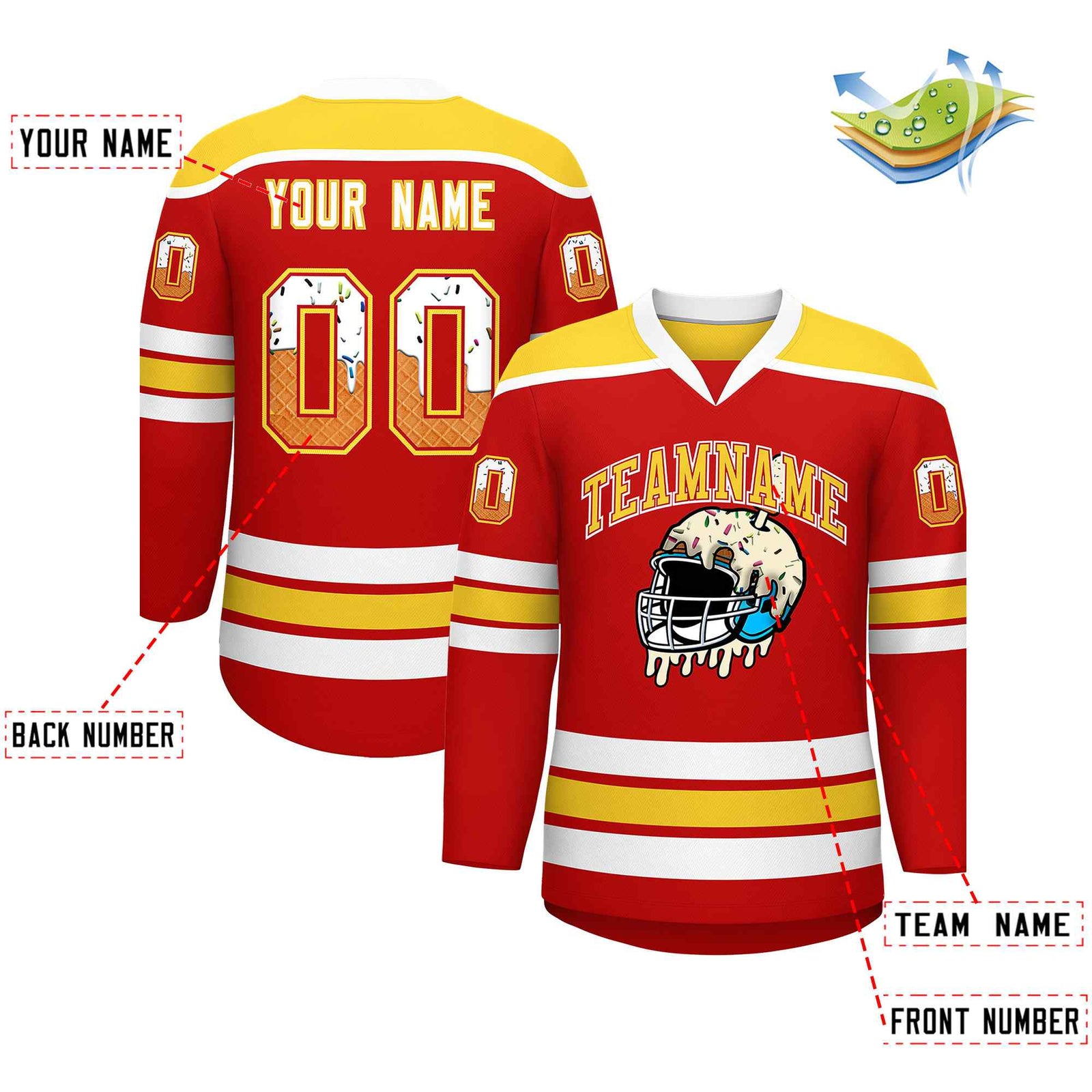Custom Red Gold Ice Cream Helmet Pattern Personalized V-Neck Hockey Jersey