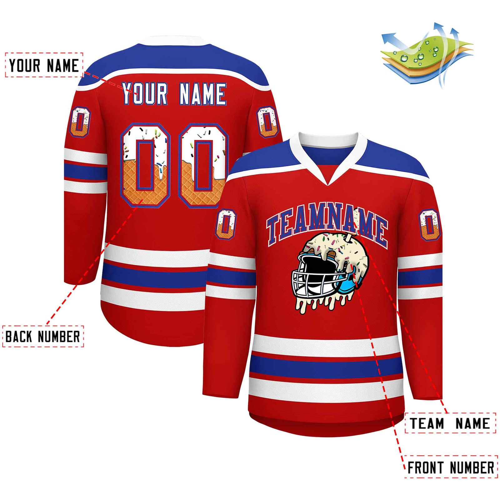 Custom Red Royal Blue Ice Cream Helmet Pattern Personalized V-Neck Hockey Jersey