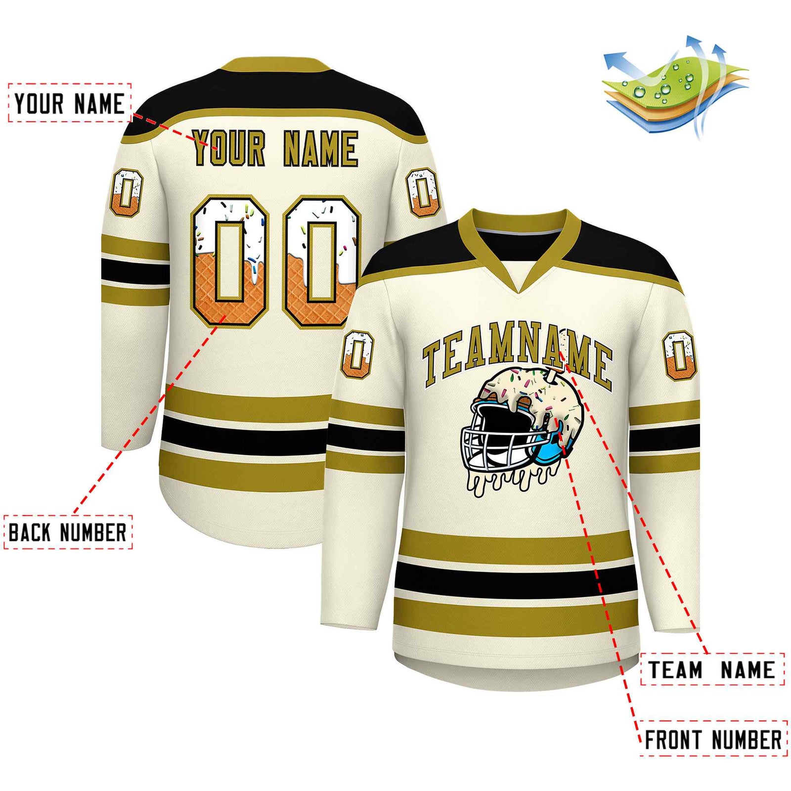 Custom Cream Old Gold Ice Cream Helmet Pattern Personalized V-Neck Hockey Jersey