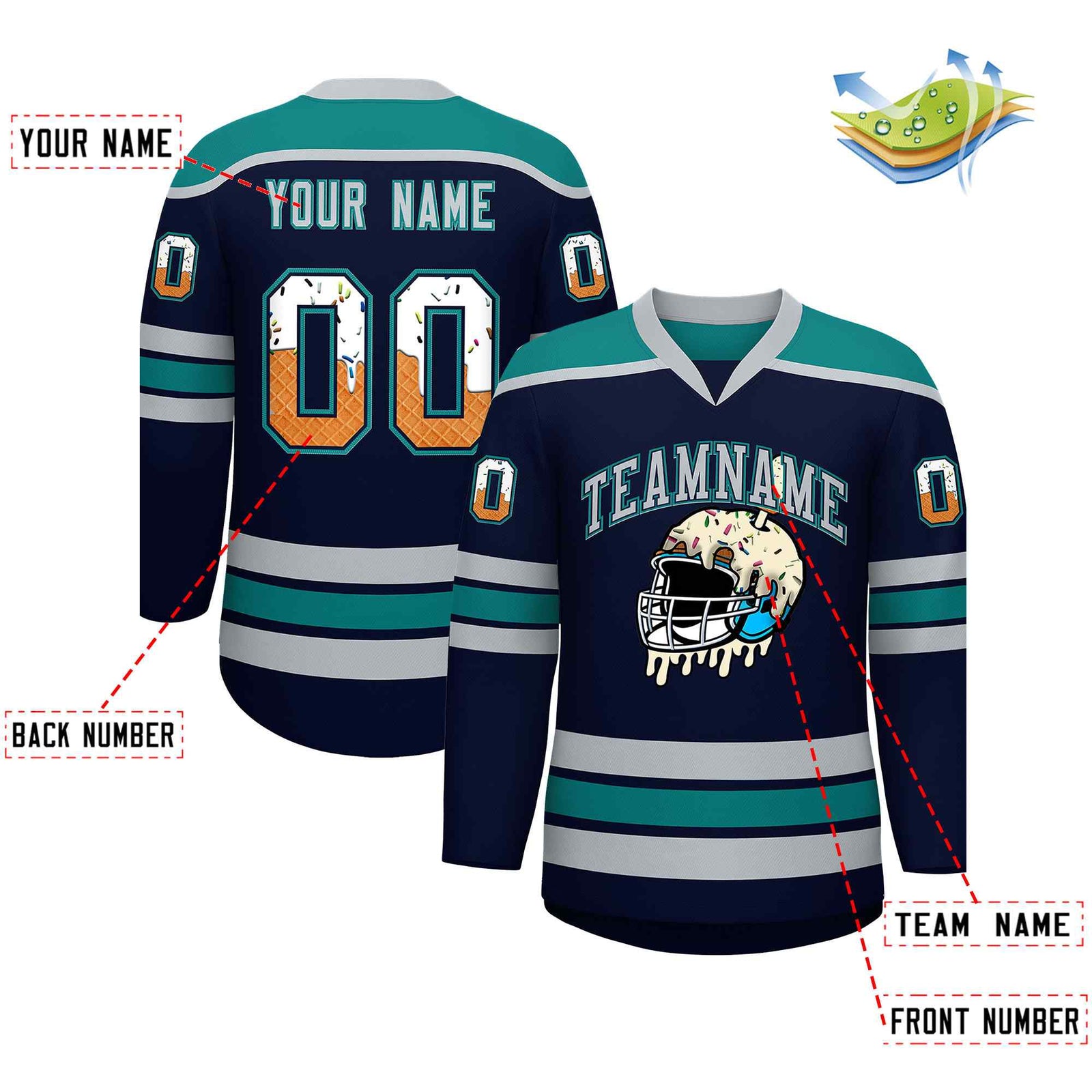 Custom Navy Teal Ice Cream Helmet Pattern Personalized V-Neck Hockey Jersey
