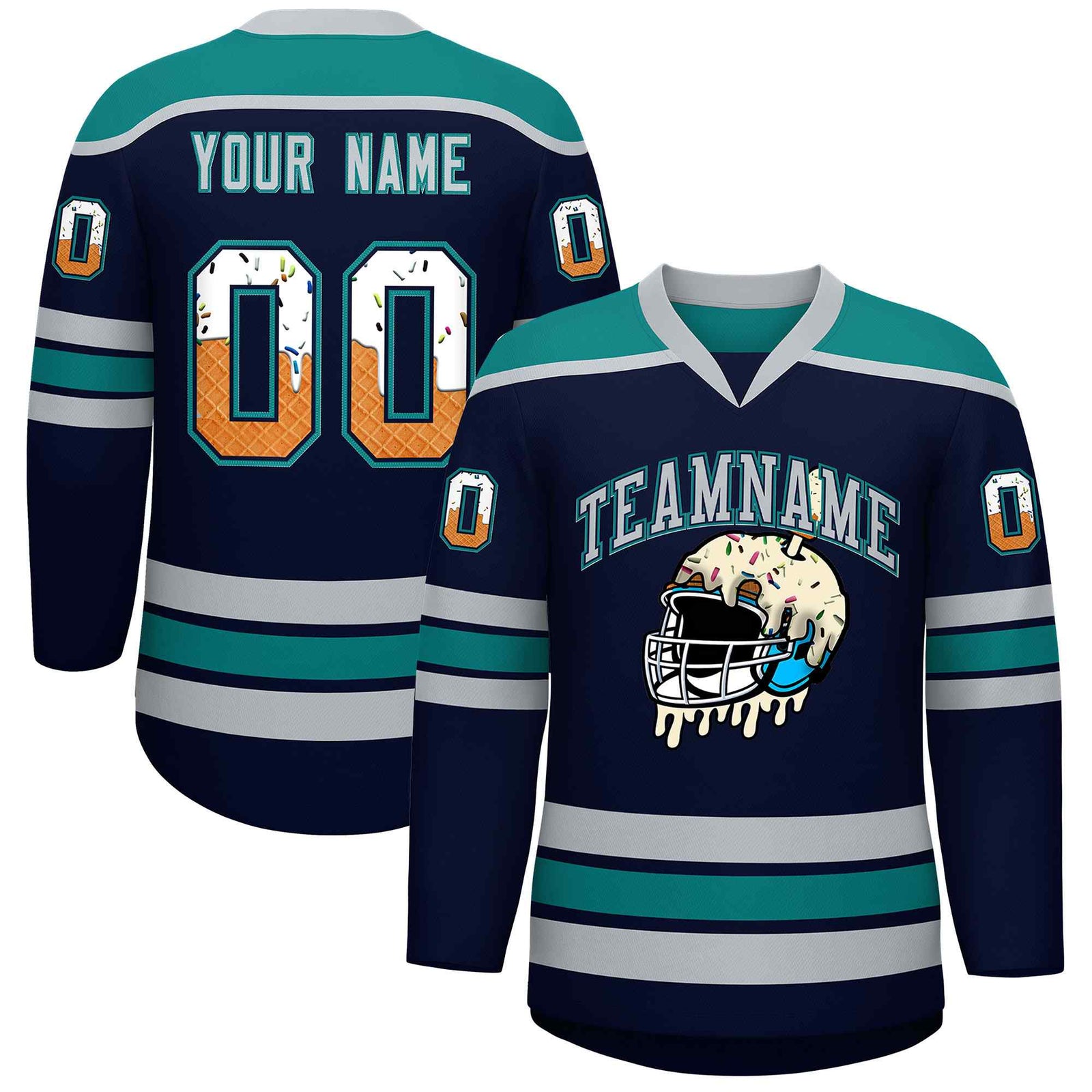 Custom Navy Teal Ice Cream Helmet Pattern Personalized V-Neck Hockey Jersey