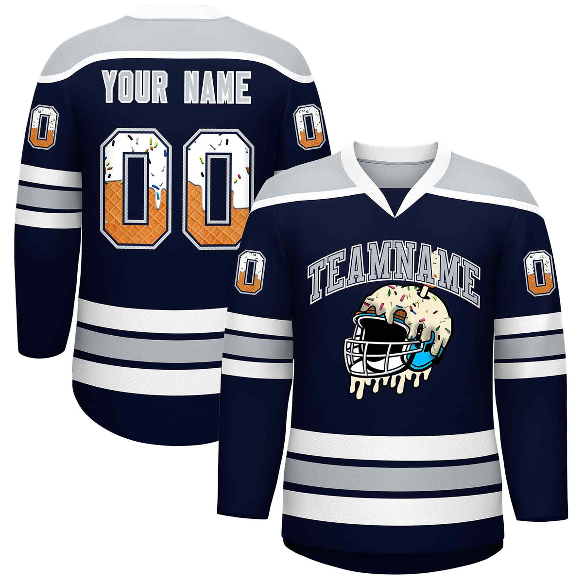 Custom Navy Silver Ice Cream Helmet Pattern Personalized V-Neck Hockey Jersey