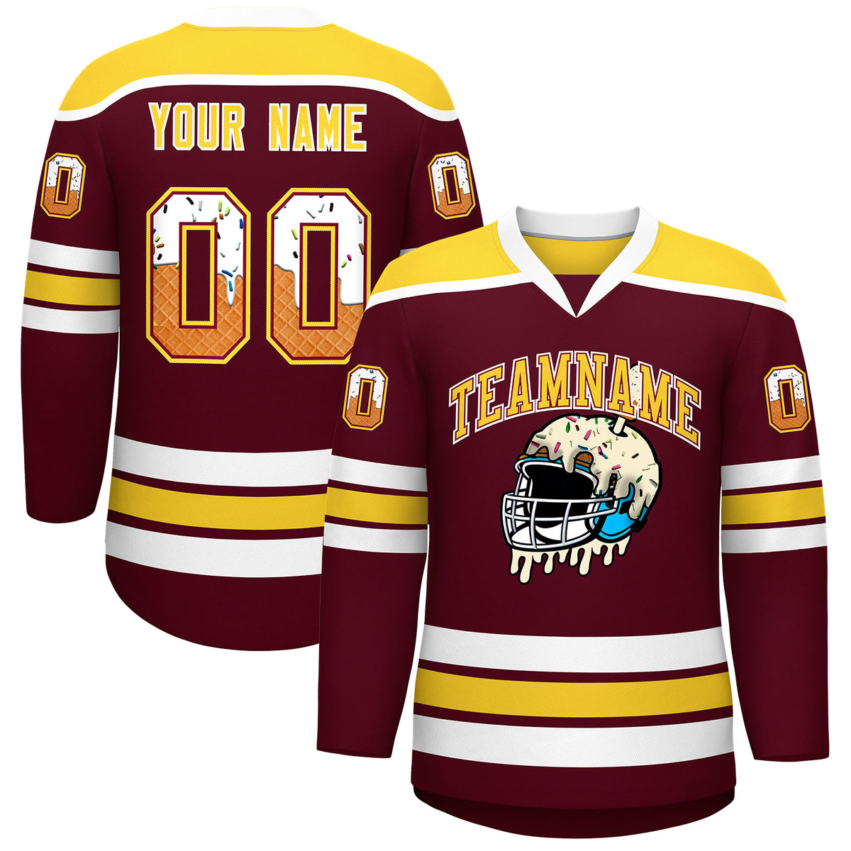 Custom Crimson Gold Ice Cream Helmet Pattern Personalized V-Neck Hockey Jersey