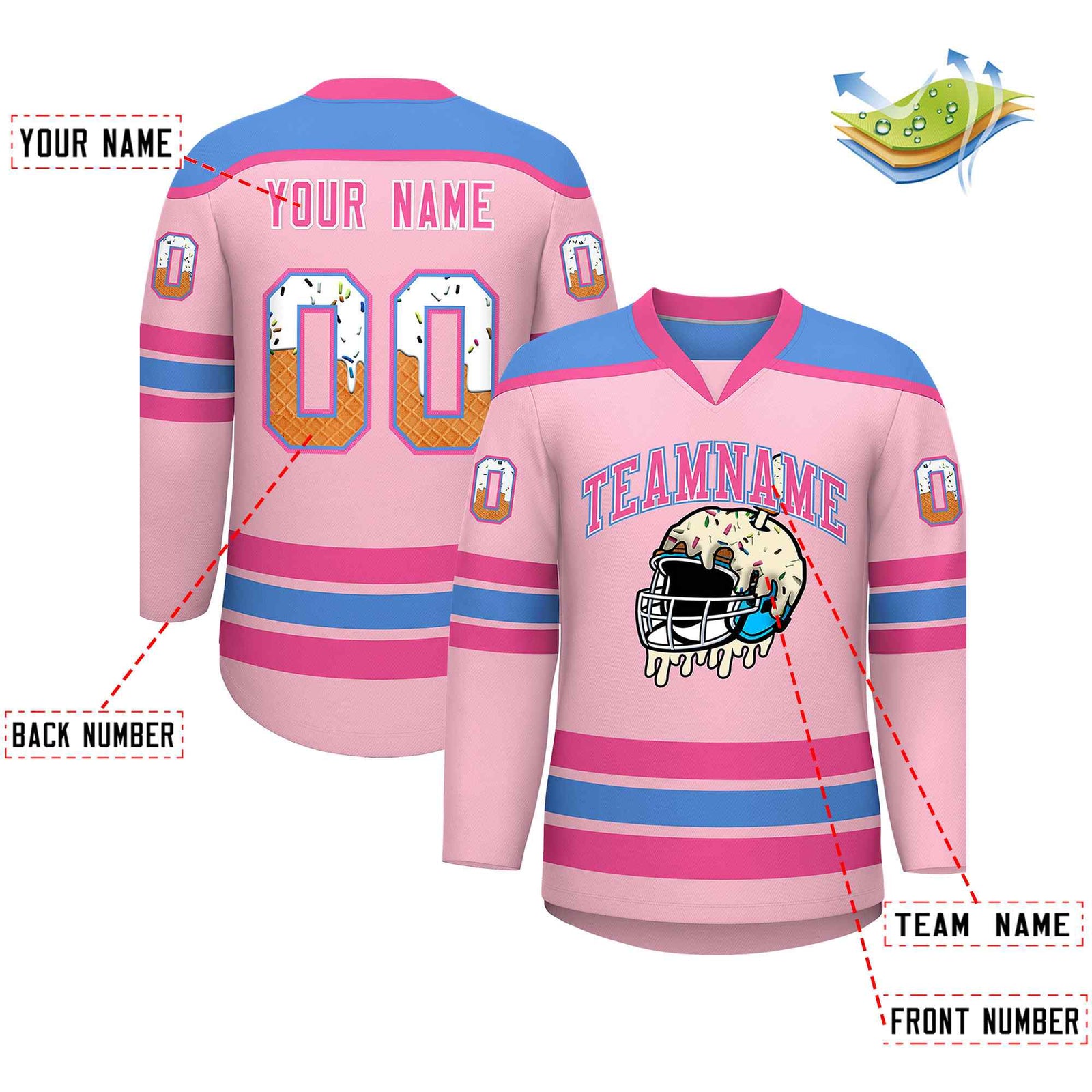 Custom Light Pink Powder Blue Ice Cream Helmet Pattern Personalized V-Neck Hockey Jersey