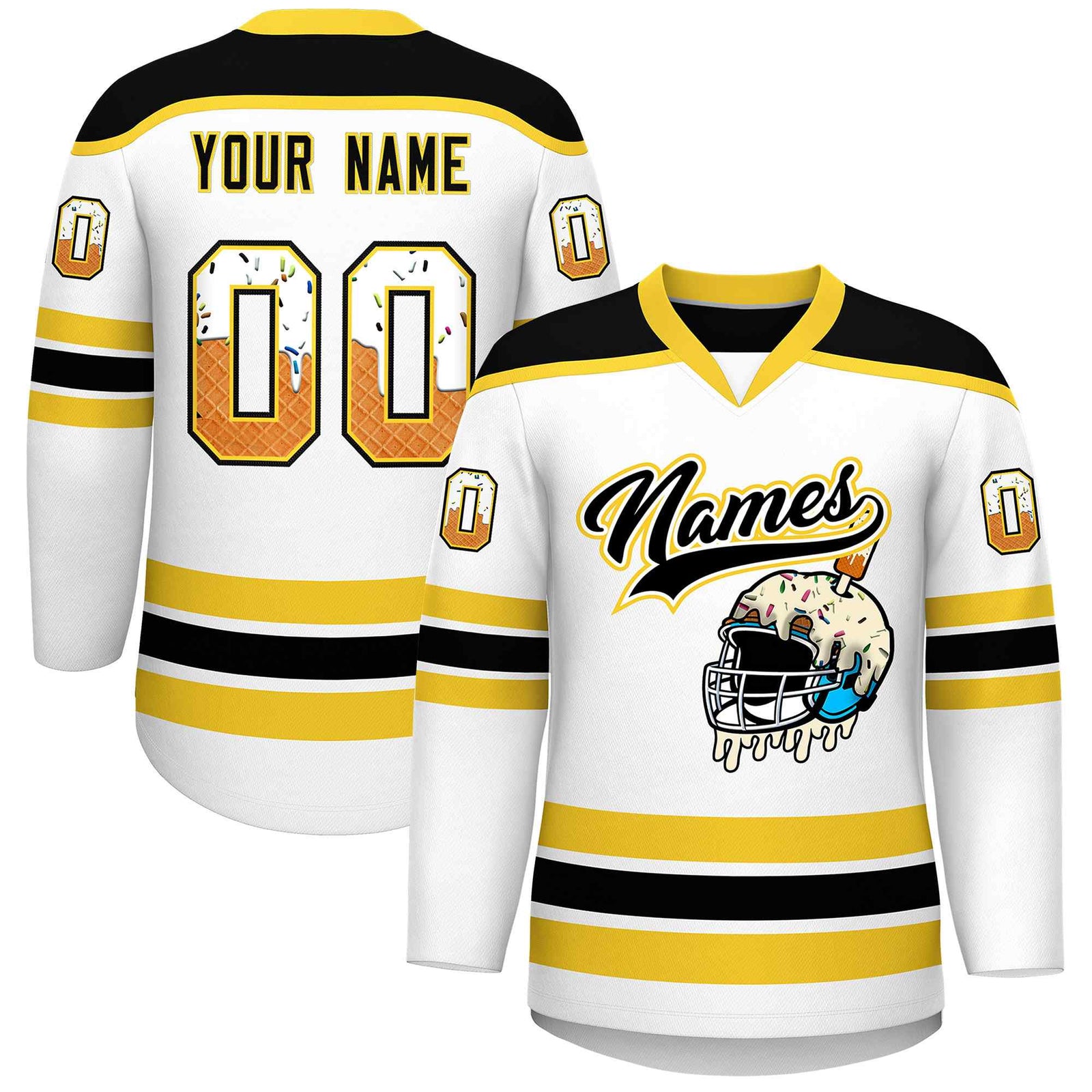 Custom White Gold Ice Cream Helmet Pattern Personalized V-Neck Hockey Jersey