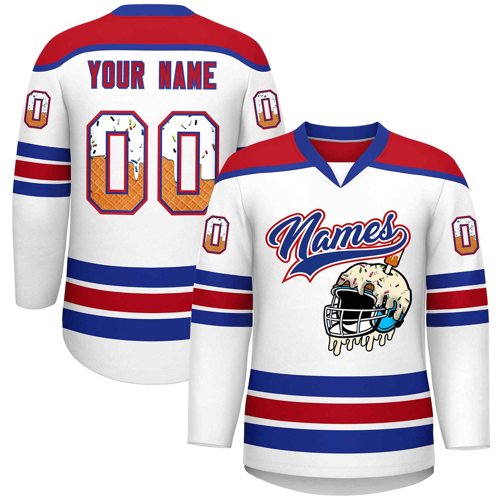 Custom White Royal Blue Ice Cream Helmet Pattern Personalized V-Neck Hockey Jersey