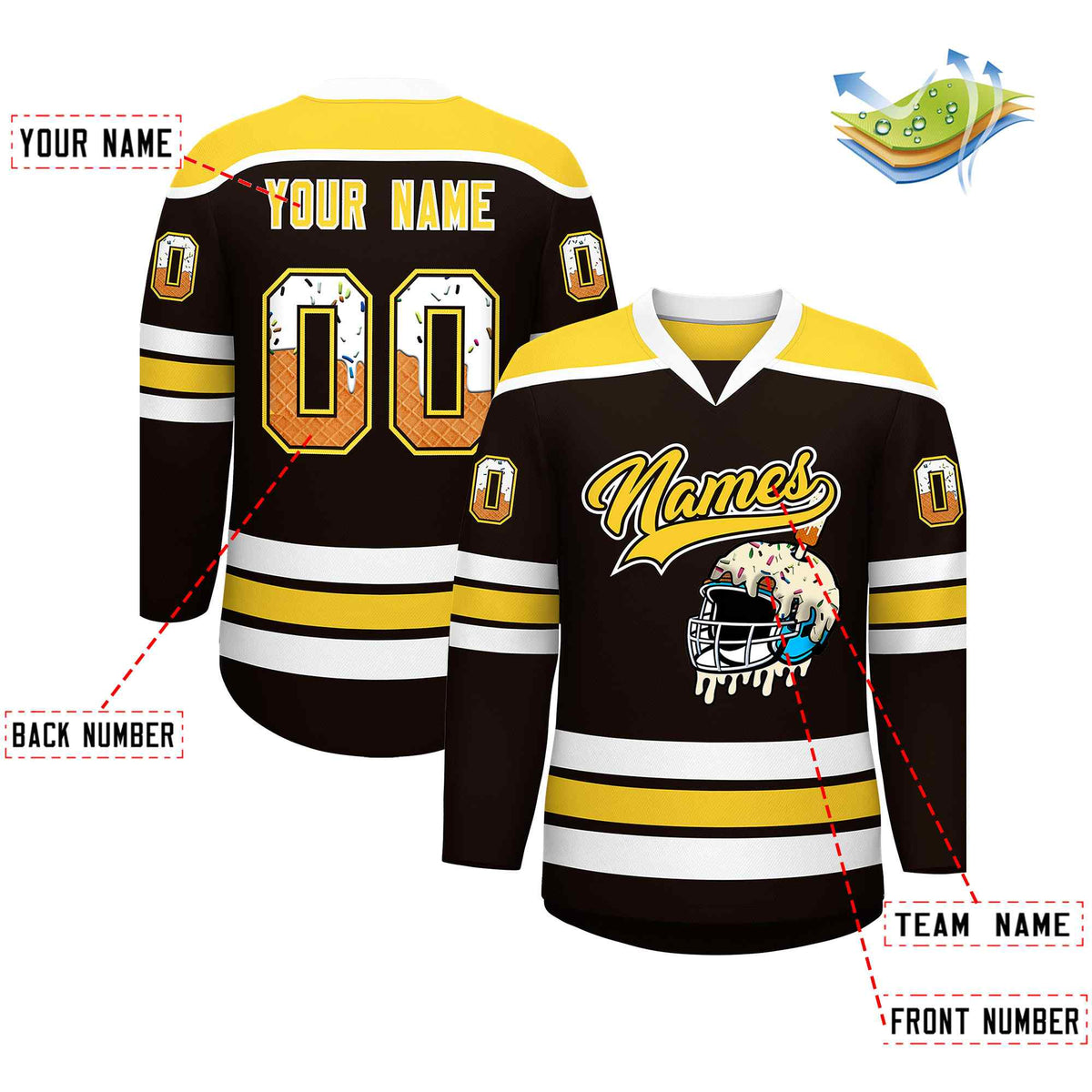 Custom Brown Gold Ice Cream Helmet Pattern Personalized V-Neck Hockey Jersey