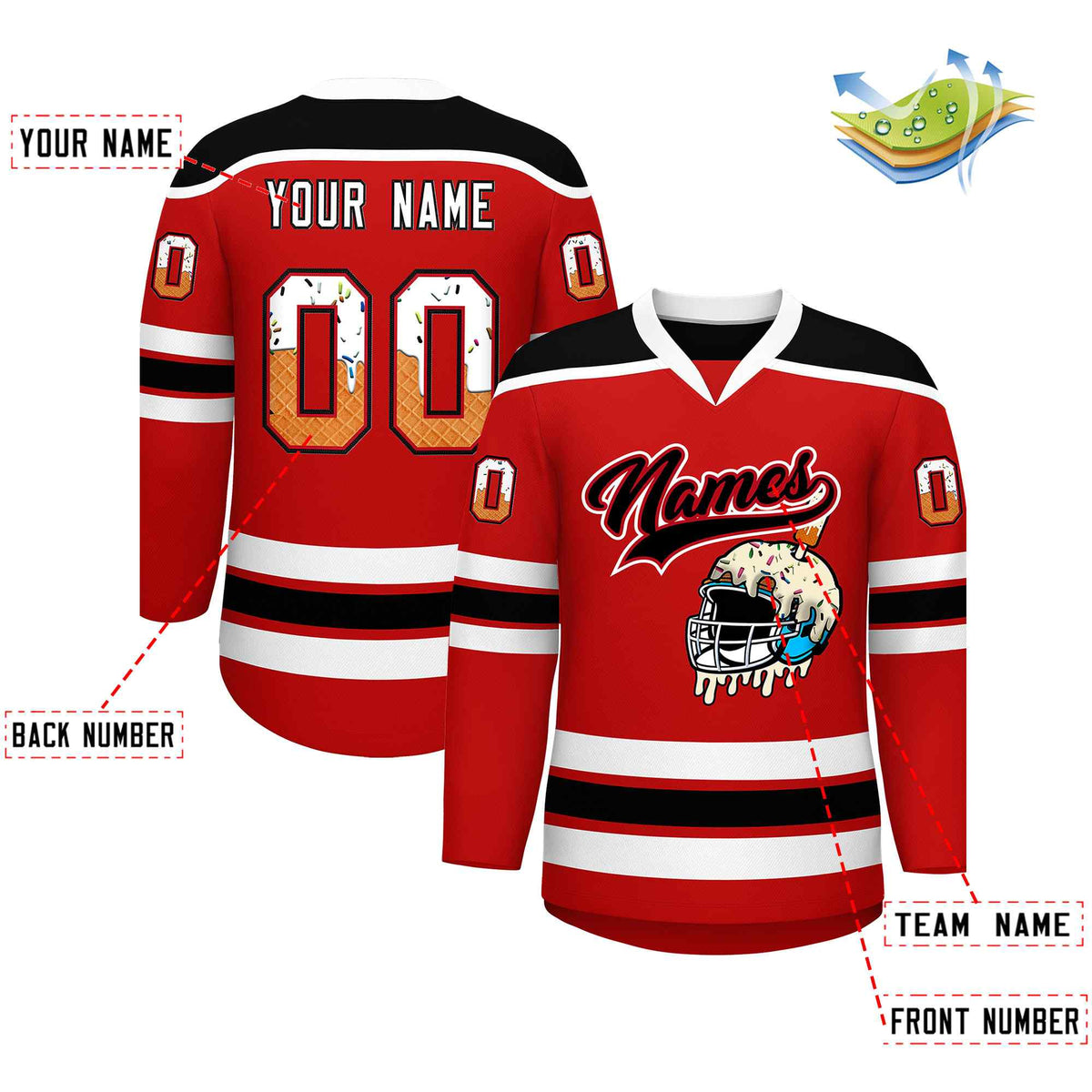 Custom Red White Ice Cream Helmet Pattern Personalized V-Neck Hockey Jersey