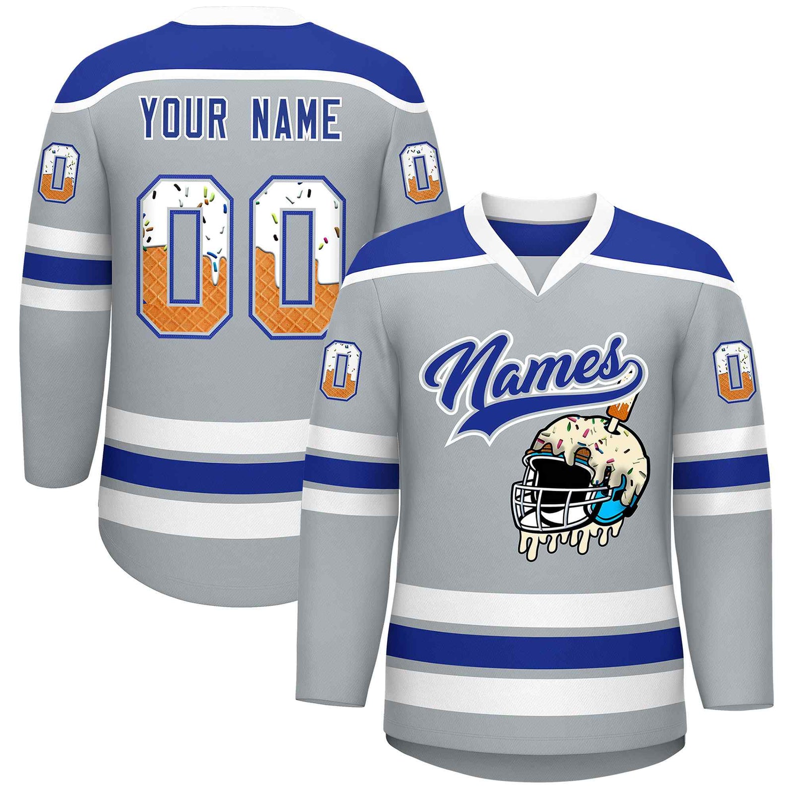 Custom Silver Royal Blue Ice Cream Helmet Pattern Personalized V-Neck Hockey Jersey