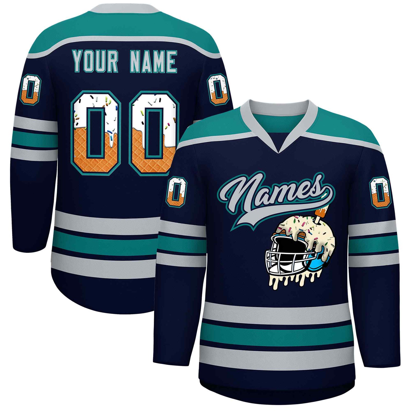 Custom Navy Teal Ice Cream Helmet Pattern Personalized V-Neck Hockey Jersey