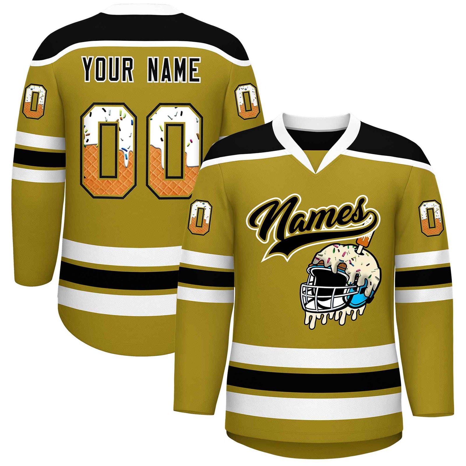 Custom Old Gold Black Ice Cream Helmet Pattern Personalized V-Neck Hockey Jersey