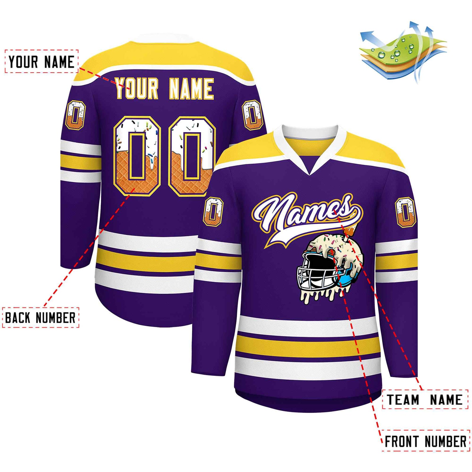 Custom Purple Gold Ice Cream Helmet Pattern Personalized V-Neck Hockey Jersey