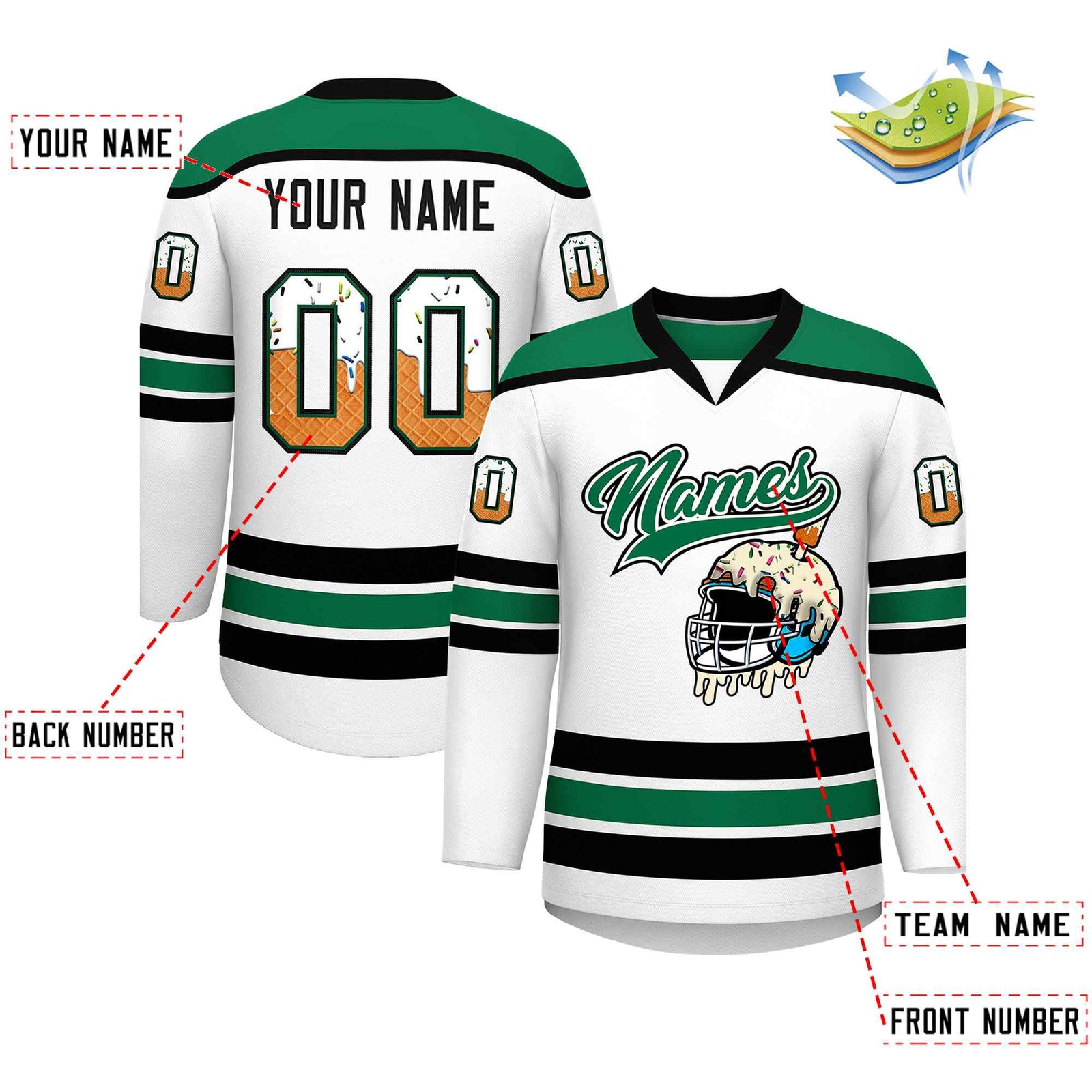 Custom White Kelly Green Ice Cream Helmet Pattern Personalized V-Neck Hockey Jersey